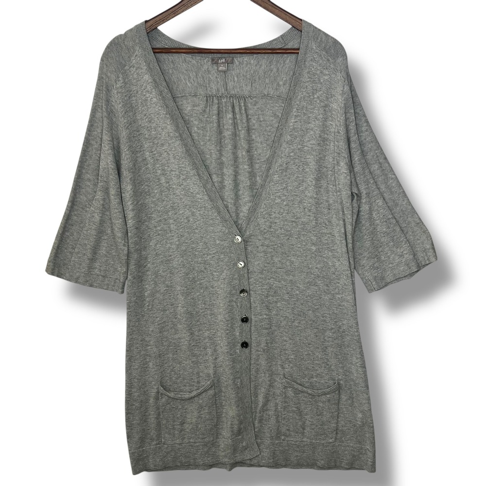 J.‎ Jill S Gray 100% Cotton Long Cardigan Sweater Pockets Button Front Lagenlook